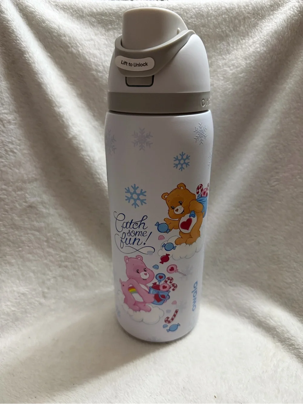 Thermal Kids Water Bottle - White with Pink & Brown Bear Design